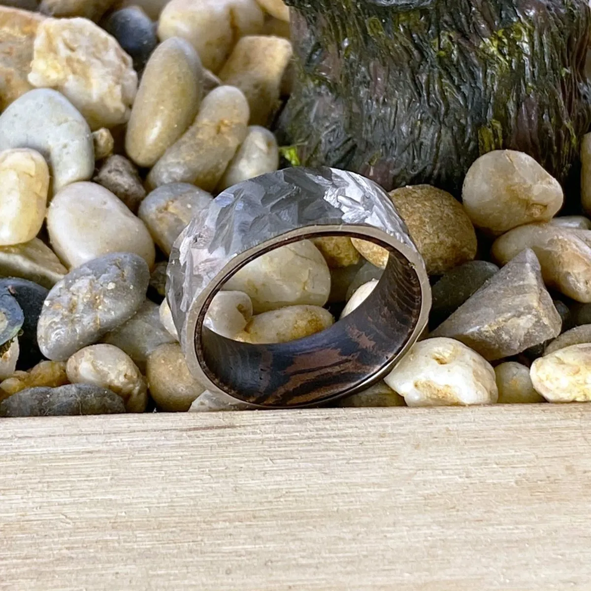 MEADOW | Wenge Wood, Silver Titanium Ring, Hammered, Flat