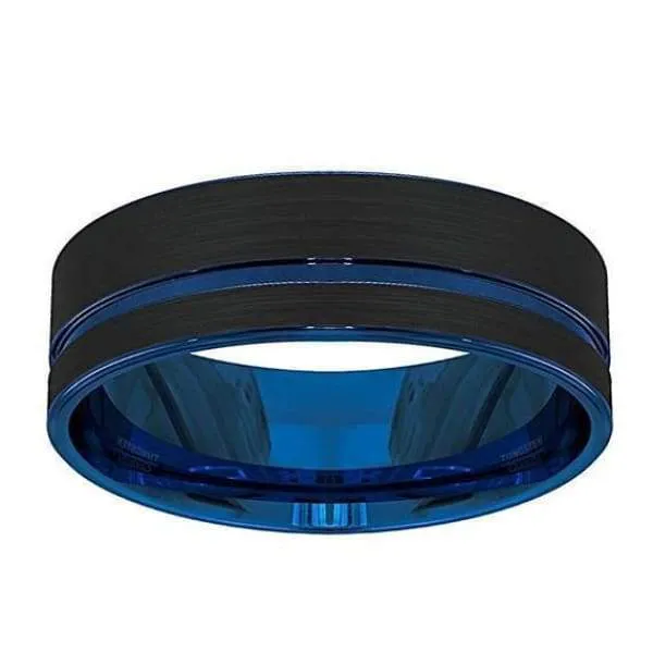 Men's Black Tungsten Wedding Band With Blue Groove and Inside - 8 mm