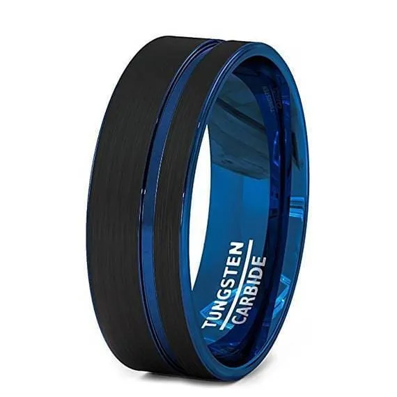 Men's Black Tungsten Wedding Band With Blue Groove and Inside - 8 mm