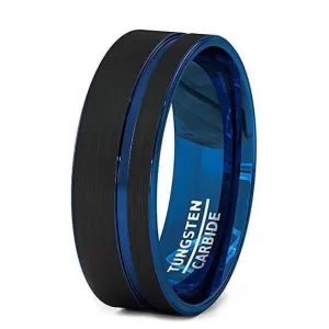 Men's Black Tungsten Wedding Band With Blue Groove and Inside - 8 mm