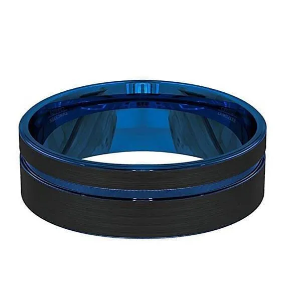 Men's Black Tungsten Wedding Band With Blue Groove and Inside - 8 mm