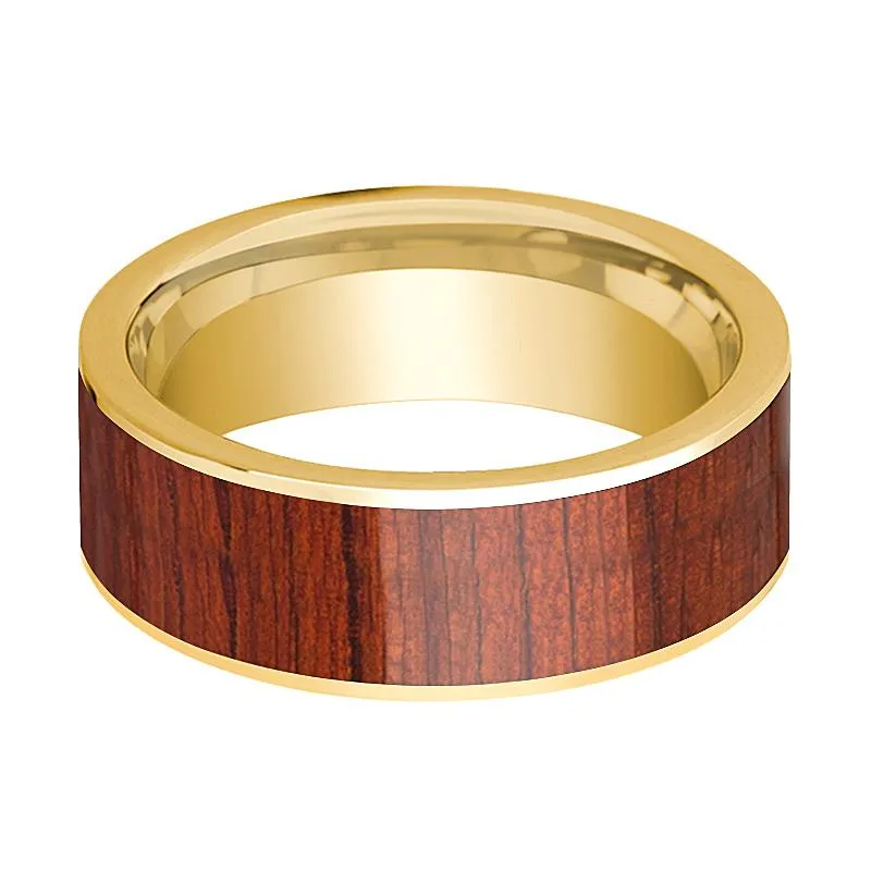 Men's Flat 14k Yellow Gold Wedding Band with Padauk Wood Inlay Polished Finish - 8MM