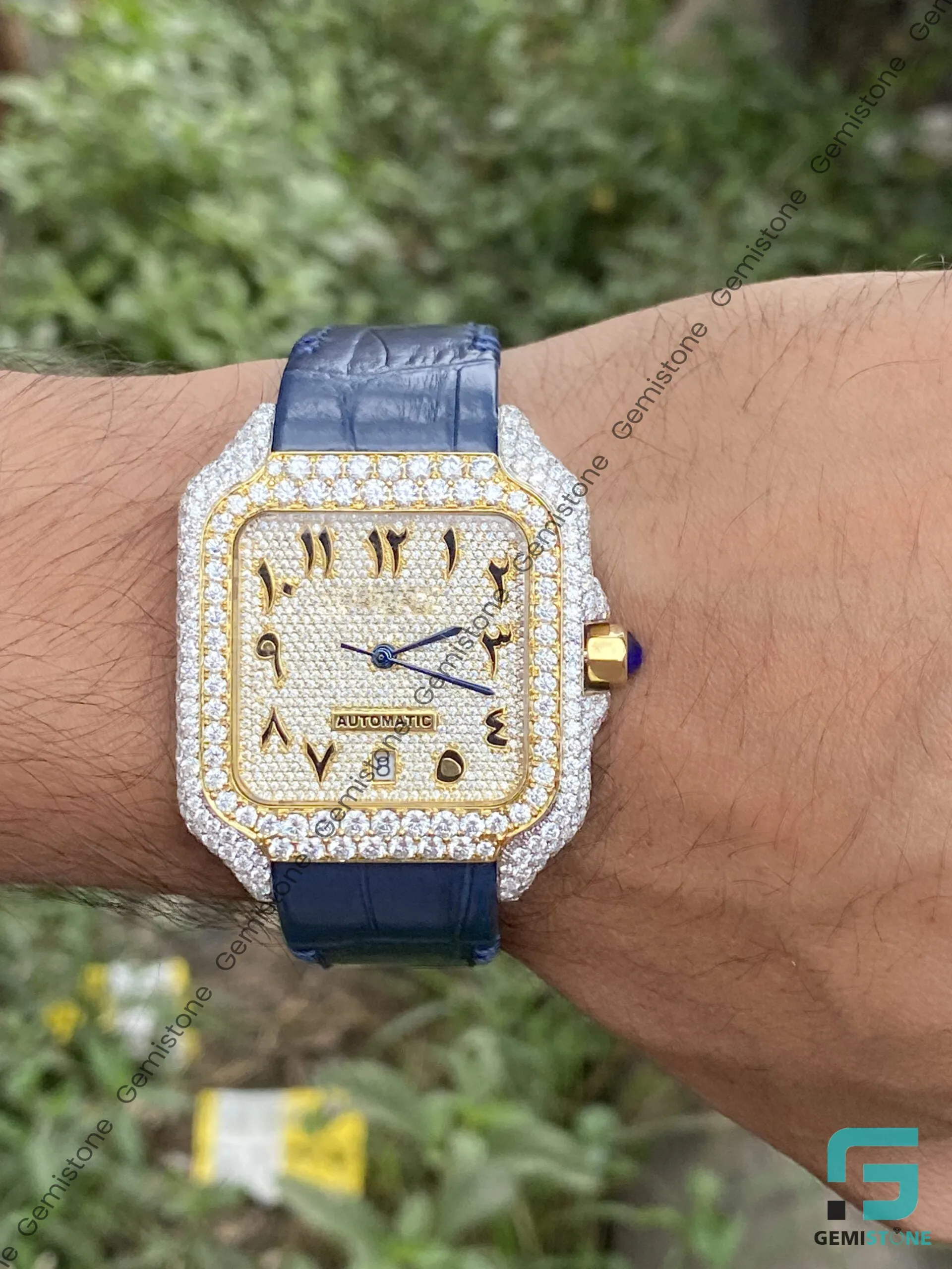 Mens Moissanite Blue Band Wrist Watch | Automatic Movement Studded Diamond Watch