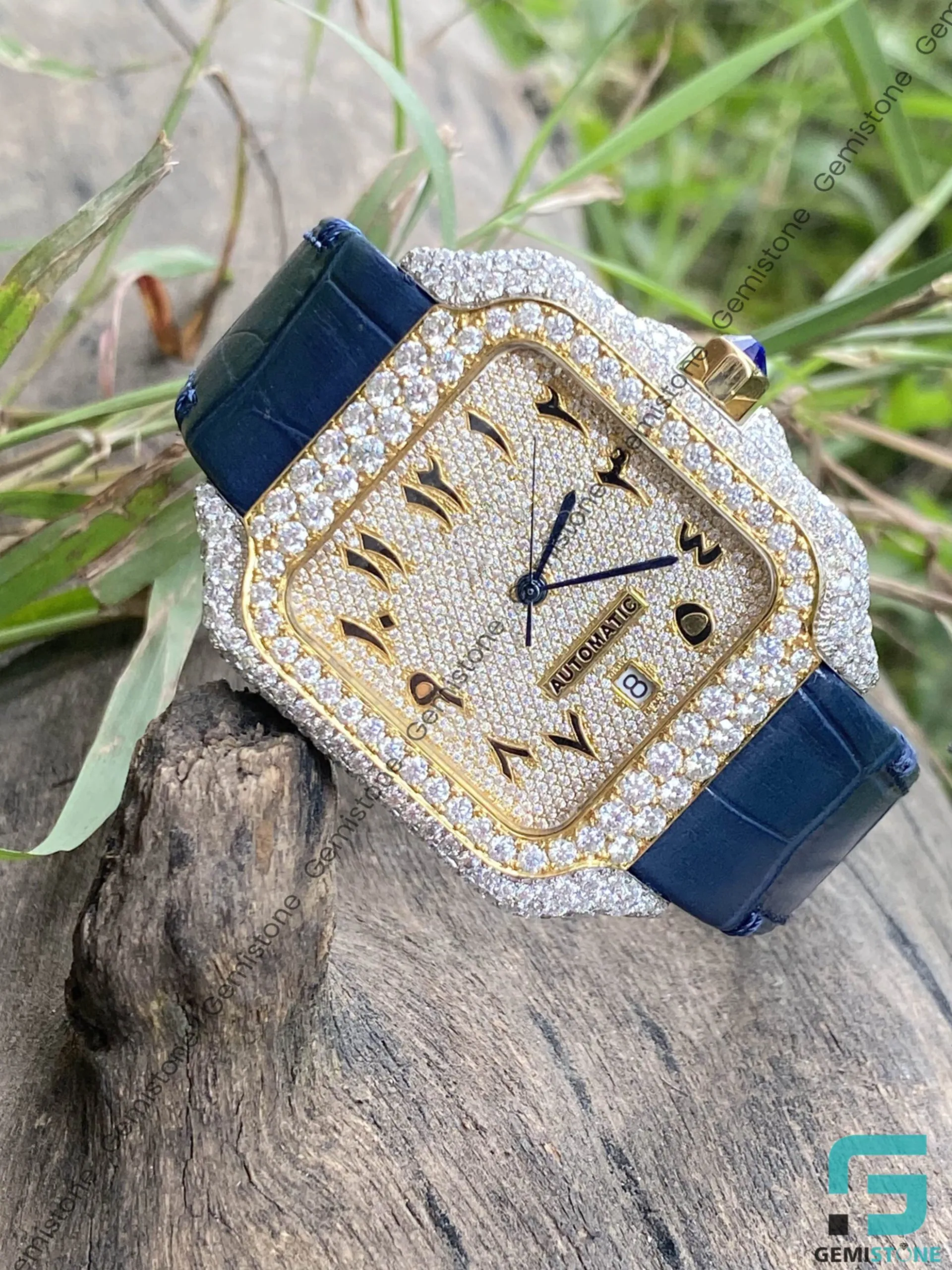 Mens Moissanite Blue Band Wrist Watch | Automatic Movement Studded Diamond Watch