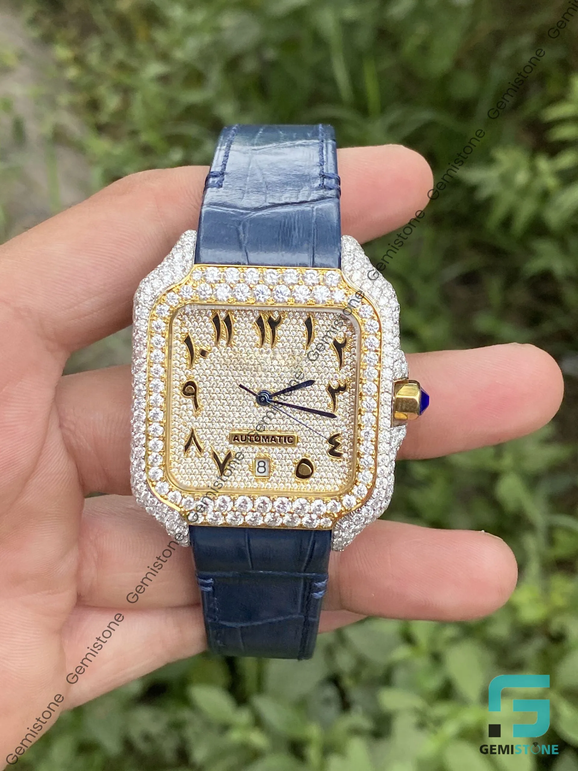 Mens Moissanite Blue Band Wrist Watch | Automatic Movement Studded Diamond Watch