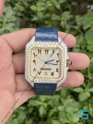 Mens Moissanite Blue Band Wrist Watch | Automatic Movement Studded Diamond Watch