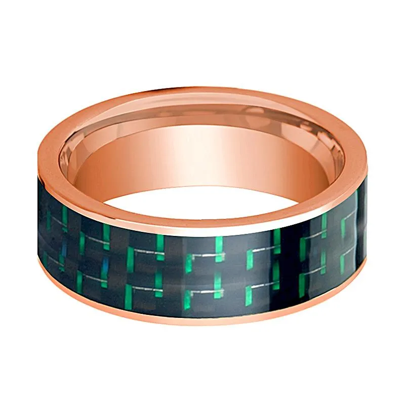 Men's Polished 14k Rose Gold Flat Wedding Band with Black and Green Carbon Fiber Inlay - 8MM