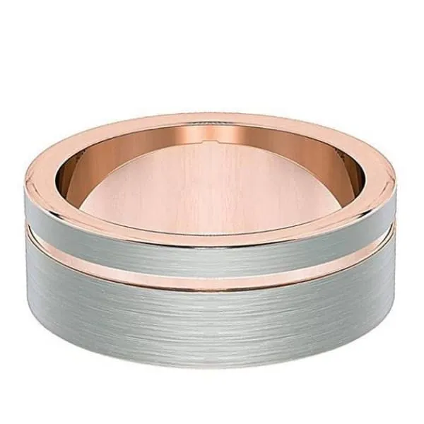 Men's Silver & Rose Gold Flat Tungsten Wedding Ring With Brushed Center - 8mm