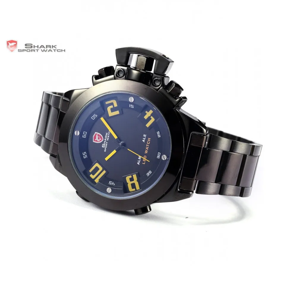Military SHARK Sport Watch Digital LED Dual Time Date Alarm Yellow Number Black Steel Band Wrist Wrap Men's Watches Gift