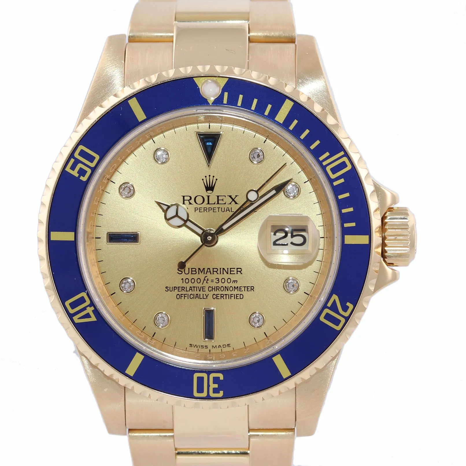 MINT 2008 Engraved Rehaut Rolex Submariner 16618 Yellow Gold Serti Diamond Watch