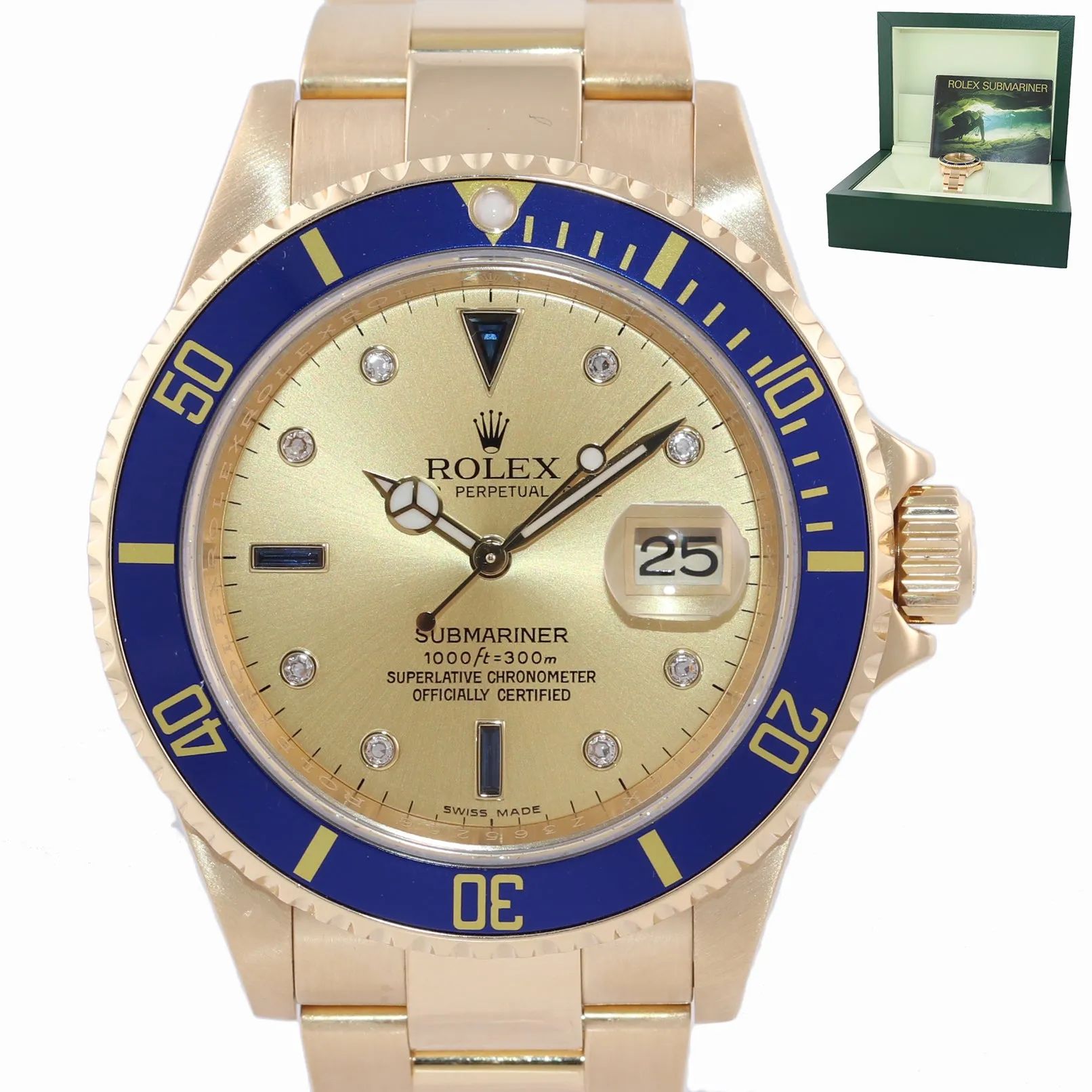 MINT 2008 Engraved Rehaut Rolex Submariner 16618 Yellow Gold Serti Diamond Watch
