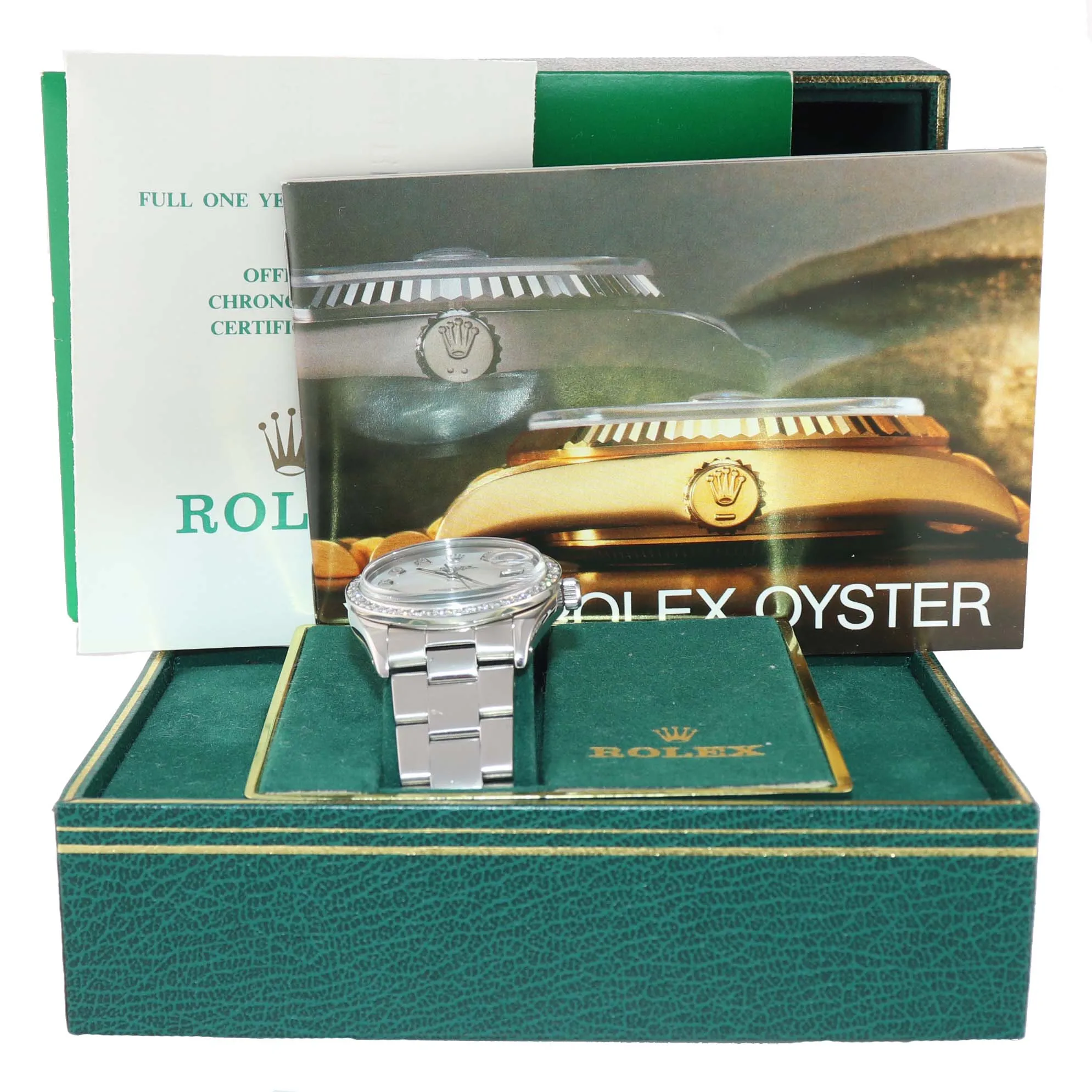 MINT Rolex Date 15000 Steel MOP Diamond Dial and Diamond Bezel 34mm Oyster Watch