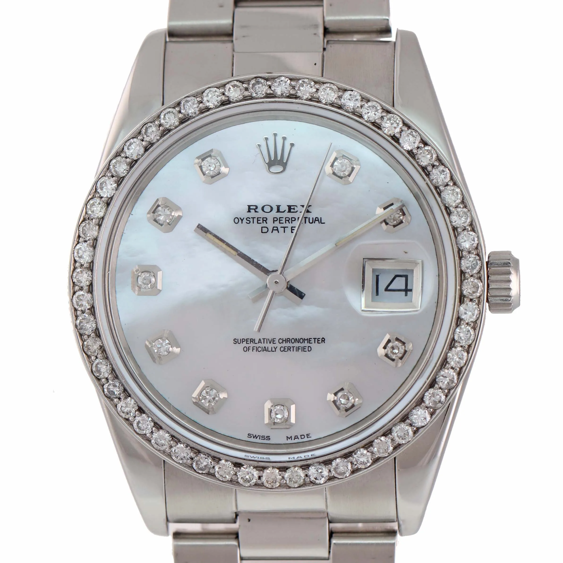 MINT Rolex Date 15000 Steel MOP Diamond Dial and Diamond Bezel 34mm Oyster Watch