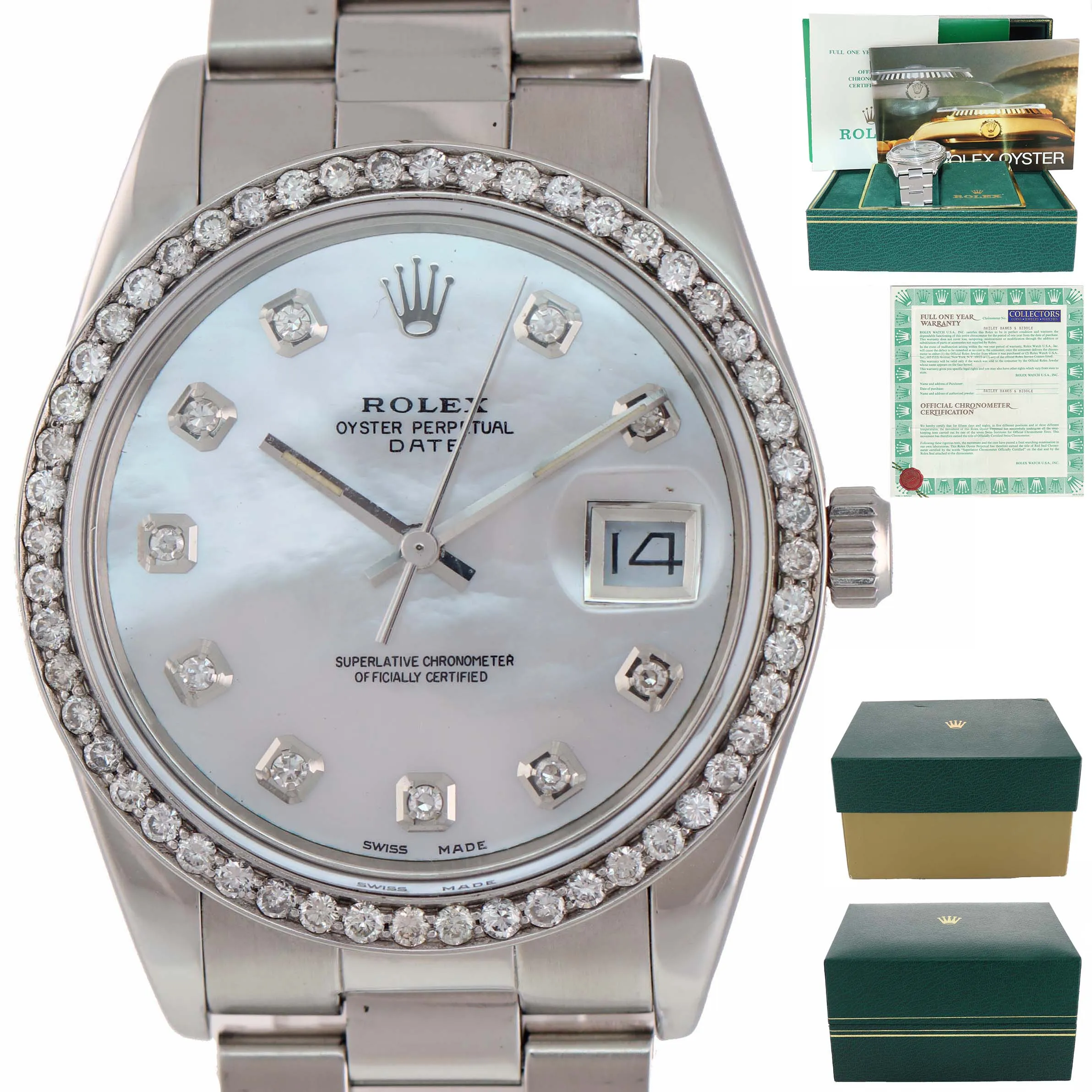 MINT Rolex Date 15000 Steel MOP Diamond Dial and Diamond Bezel 34mm Oyster Watch