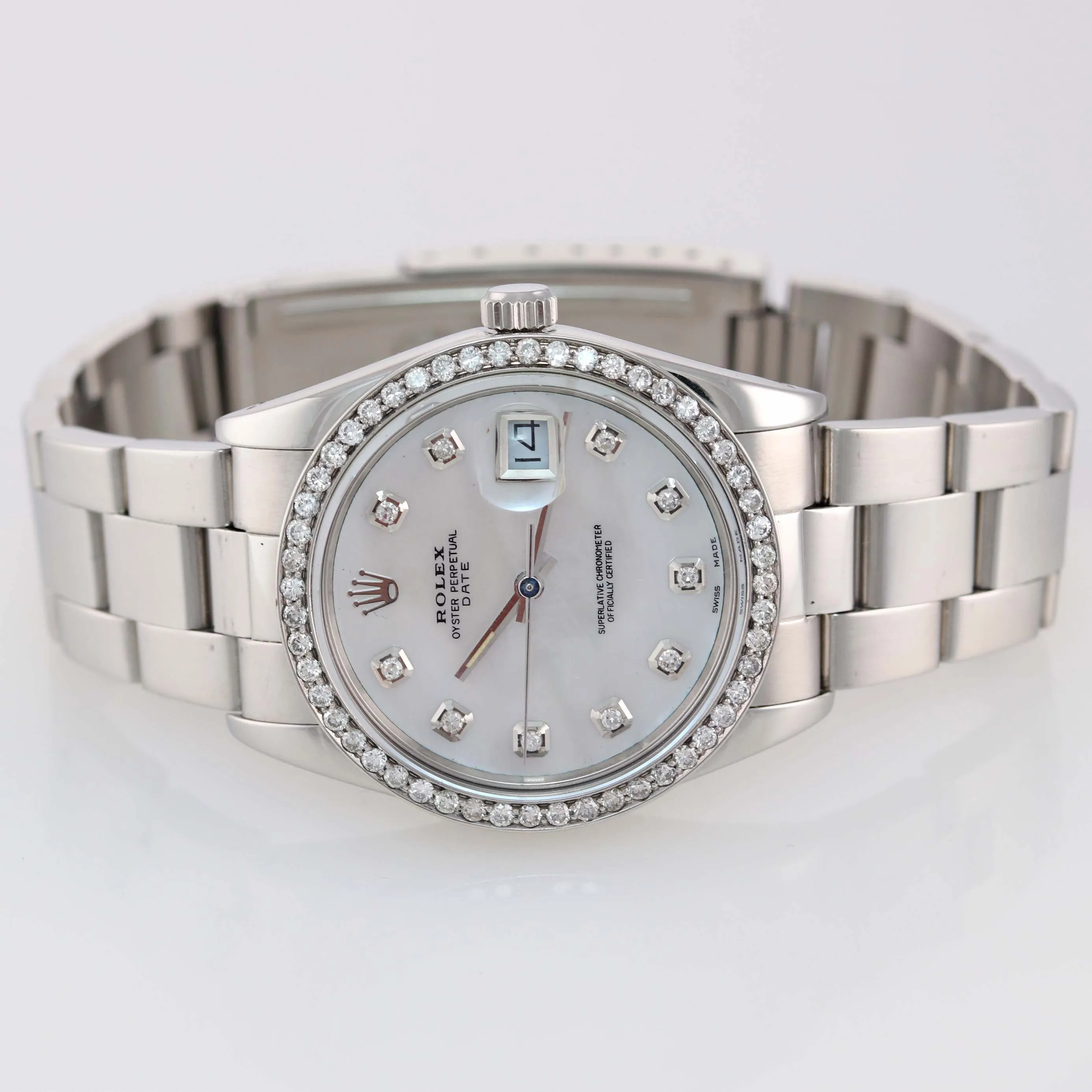 MINT Rolex Date 15000 Steel MOP Diamond Dial and Diamond Bezel 34mm Oyster Watch