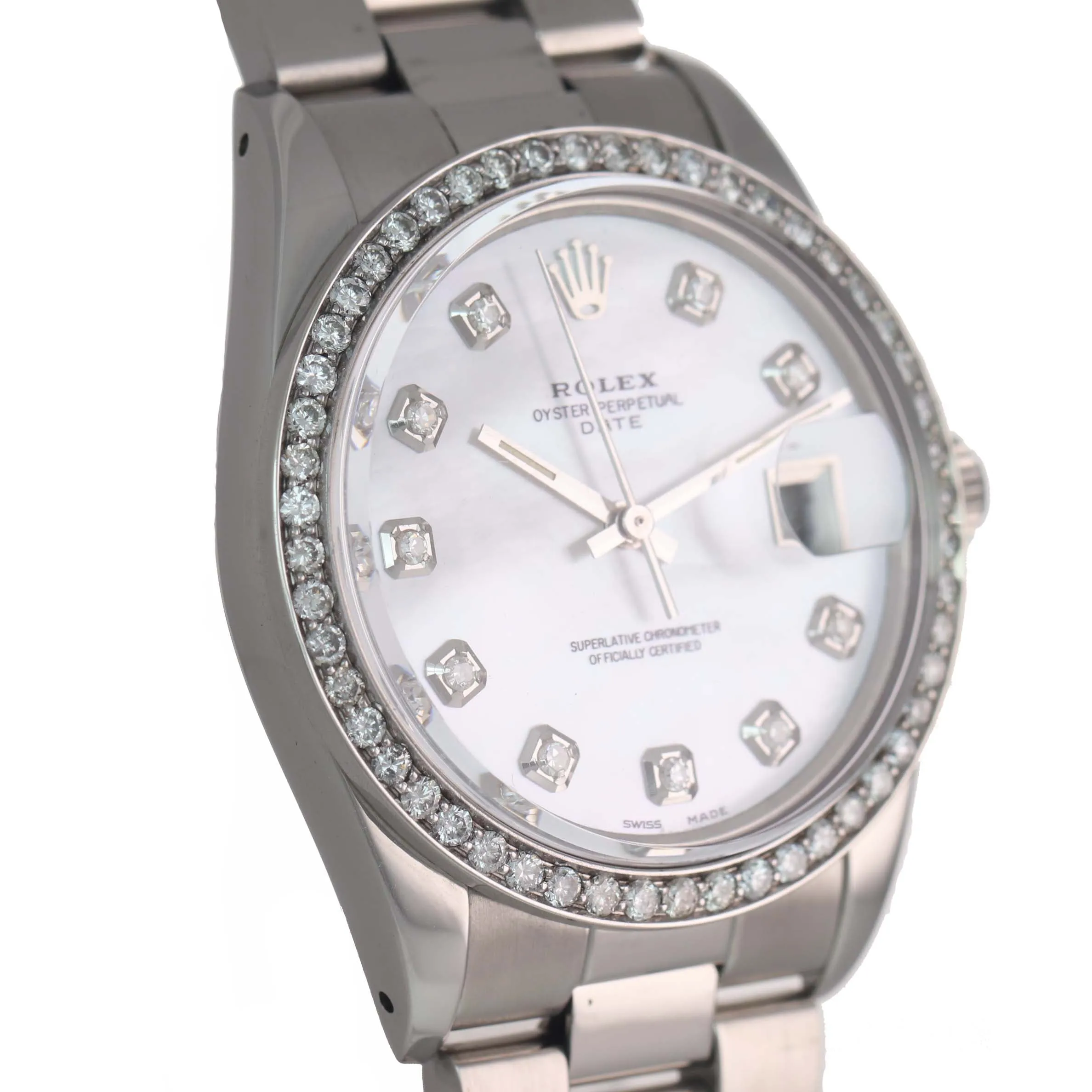 MINT Rolex Date 15000 Steel MOP Diamond Dial and Diamond Bezel 34mm Oyster Watch