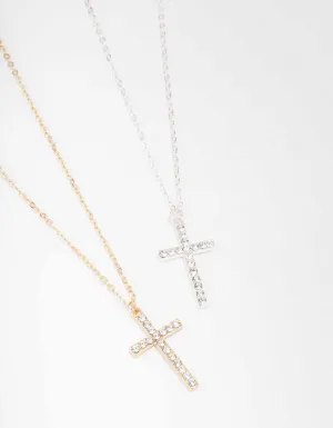 Mixed Metal Diamante Cross Necklace Pack