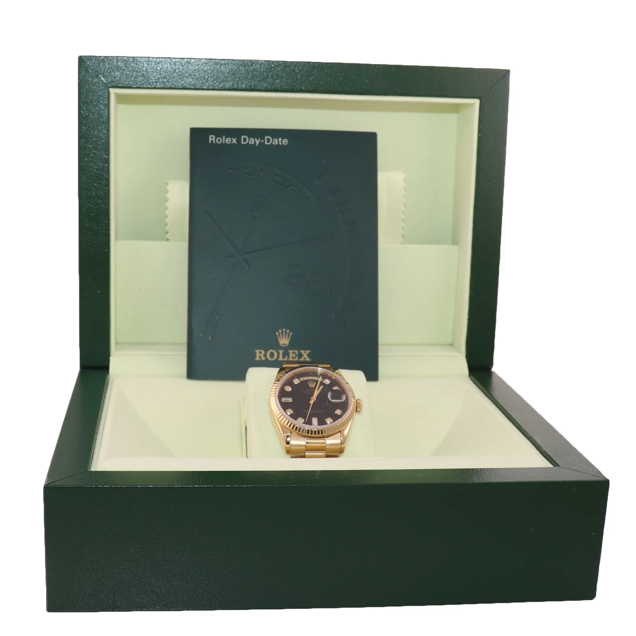 MODERN Rolex President Heavy Band 18K Gold Black Diamond Dial 118238 Watch Box