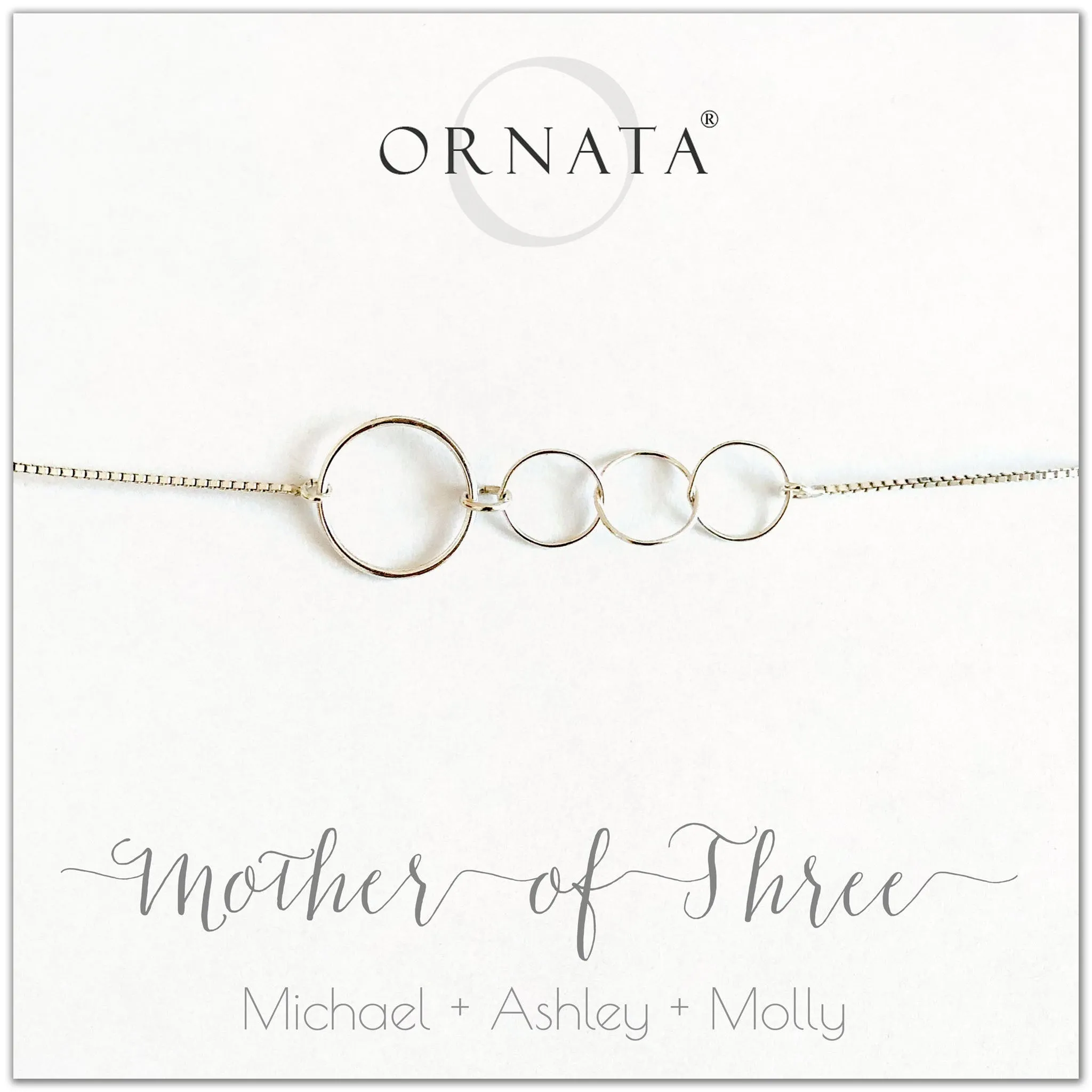 “Mother of Three” Sterling Silver Bolo Bracelet on Personalized Jewelry Card