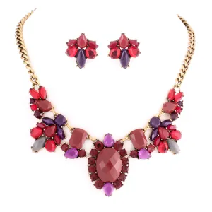 MULTI COLOR RED AND PURPLE CTONE WITH MULTICOLOR CRYSTAL NECKLACE EARRING SET  #FW1404690 (SHOWROOM)