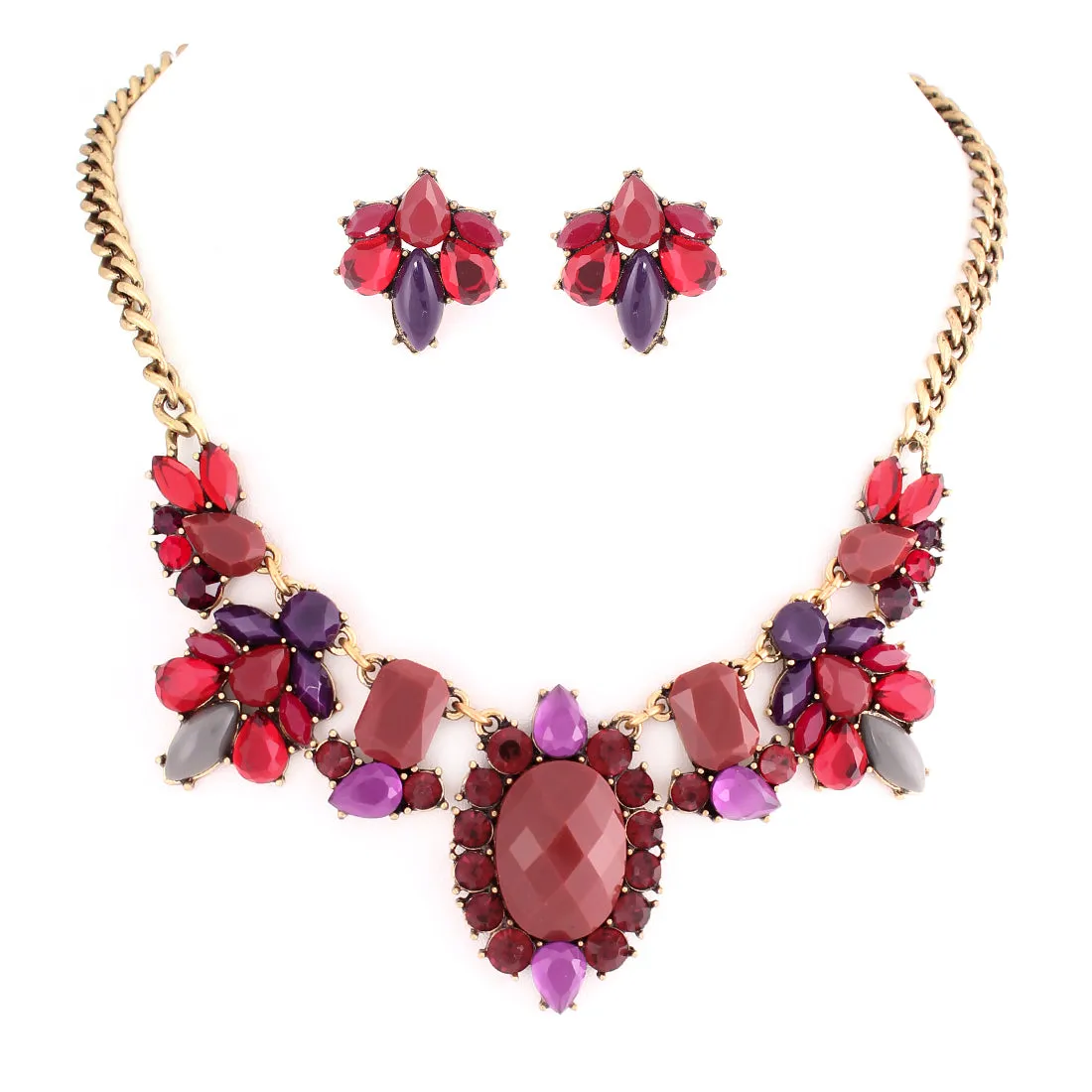 MULTI COLOR RED AND PURPLE CTONE WITH MULTICOLOR CRYSTAL NECKLACE EARRING SET  #FW1404690 (SHOWROOM)
