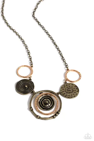 Mysterious Masterpiece - Brass - Studded and Hammered Mixed Metal Paparazzi Short Necklace