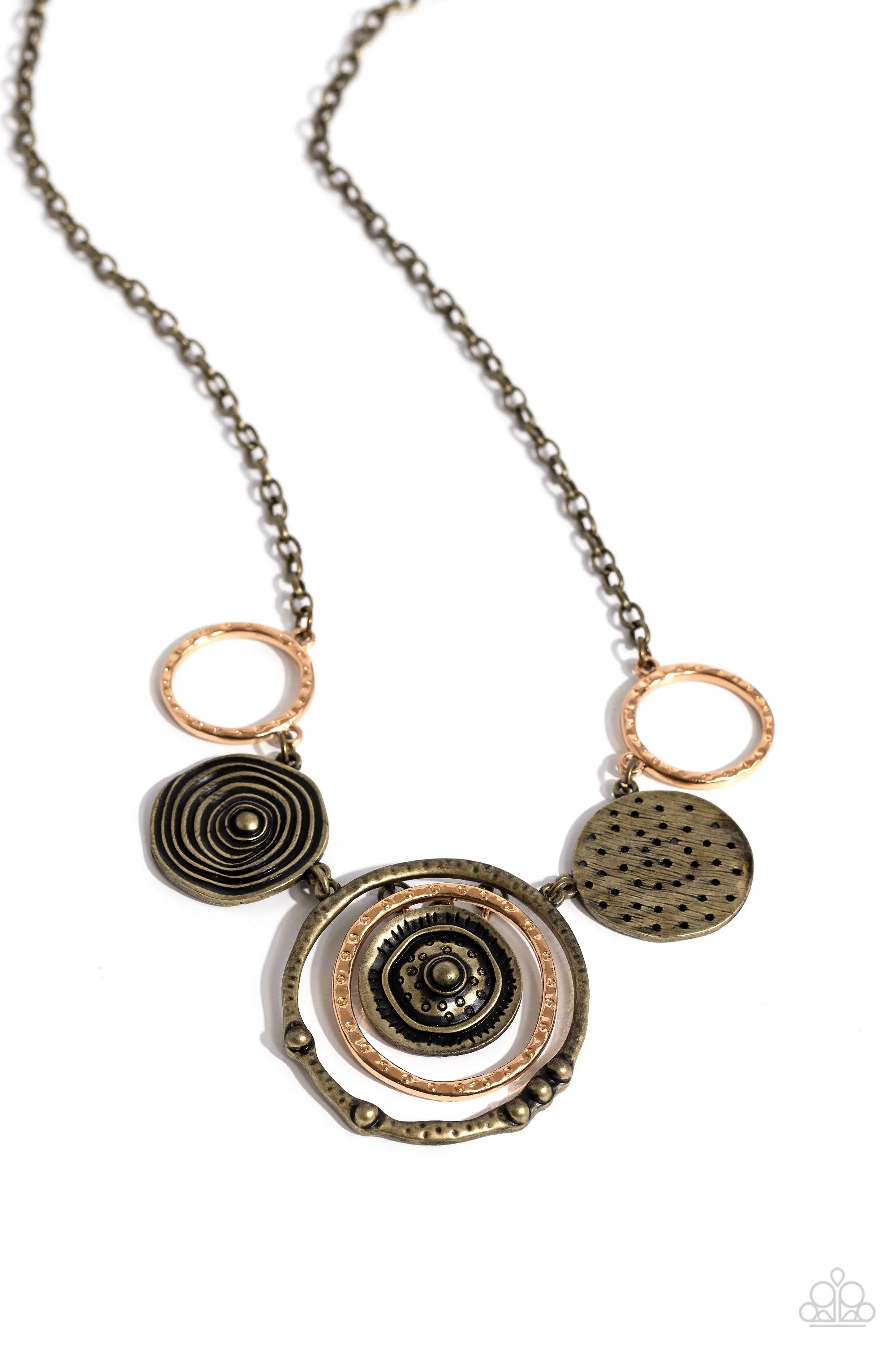 Mysterious Masterpiece - Brass - Studded and Hammered Mixed Metal Paparazzi Short Necklace