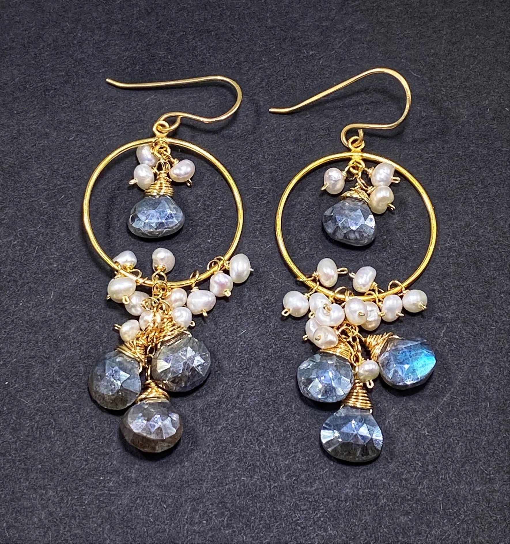 Mystic Grey Labradorite Gold Fill Hoop Earrings Pearl Cluster