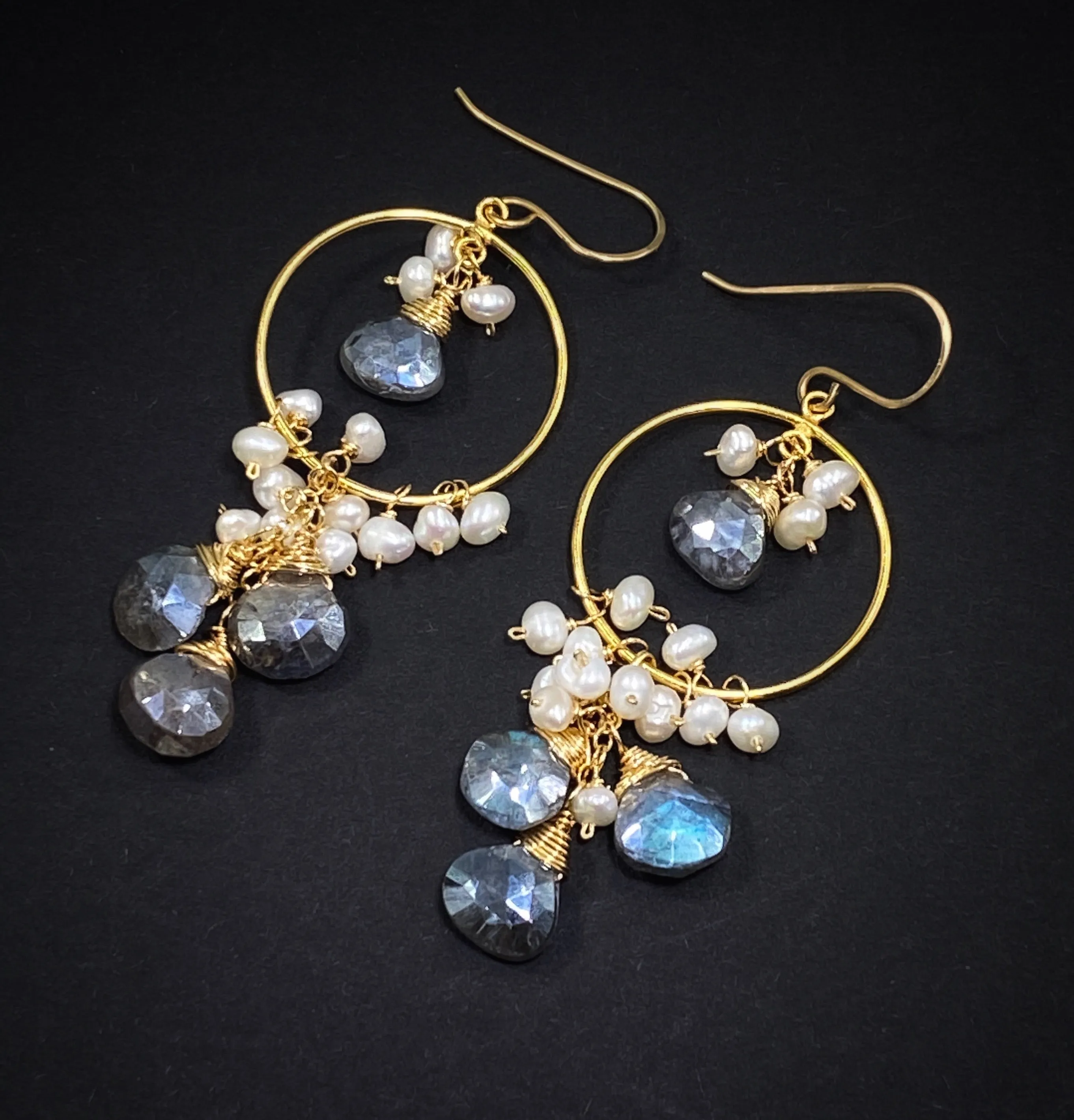 Mystic Grey Labradorite Gold Fill Hoop Earrings Pearl Cluster