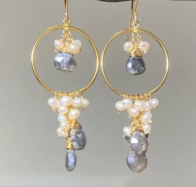 Mystic Grey Labradorite Gold Fill Hoop Earrings Pearl Cluster