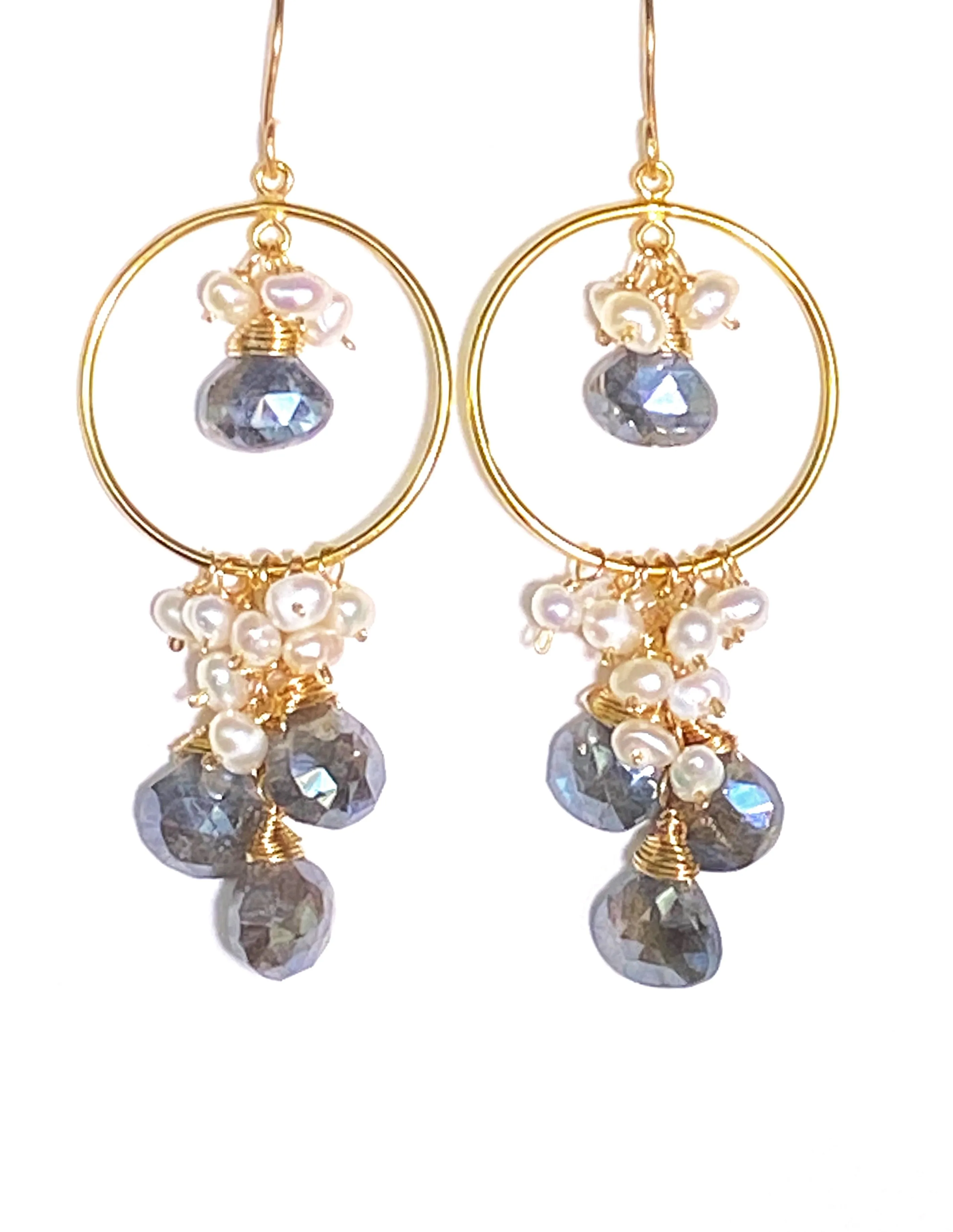 Mystic Grey Labradorite Gold Fill Hoop Earrings Pearl Cluster