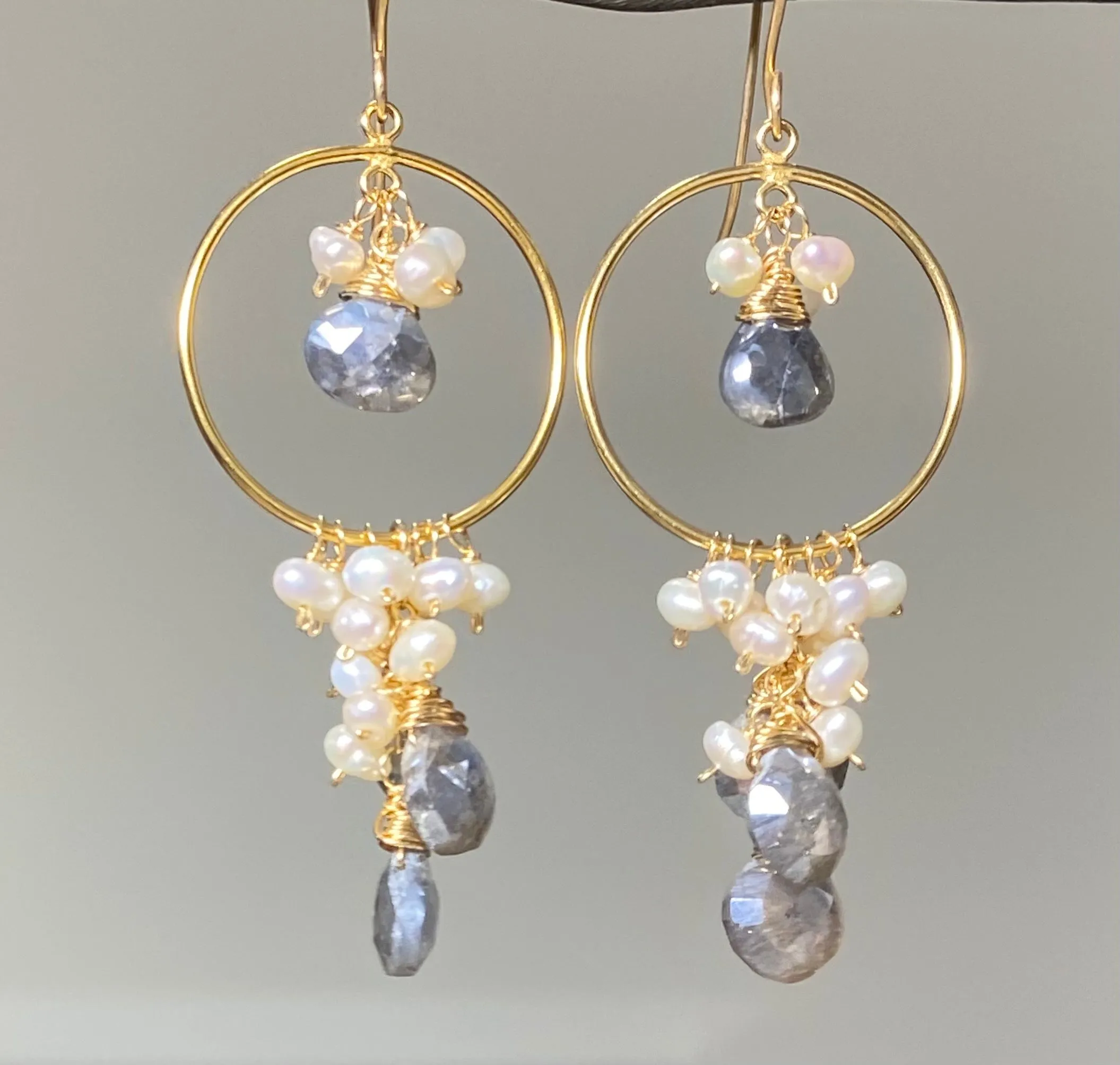 Mystic Grey Labradorite Gold Fill Hoop Earrings Pearl Cluster