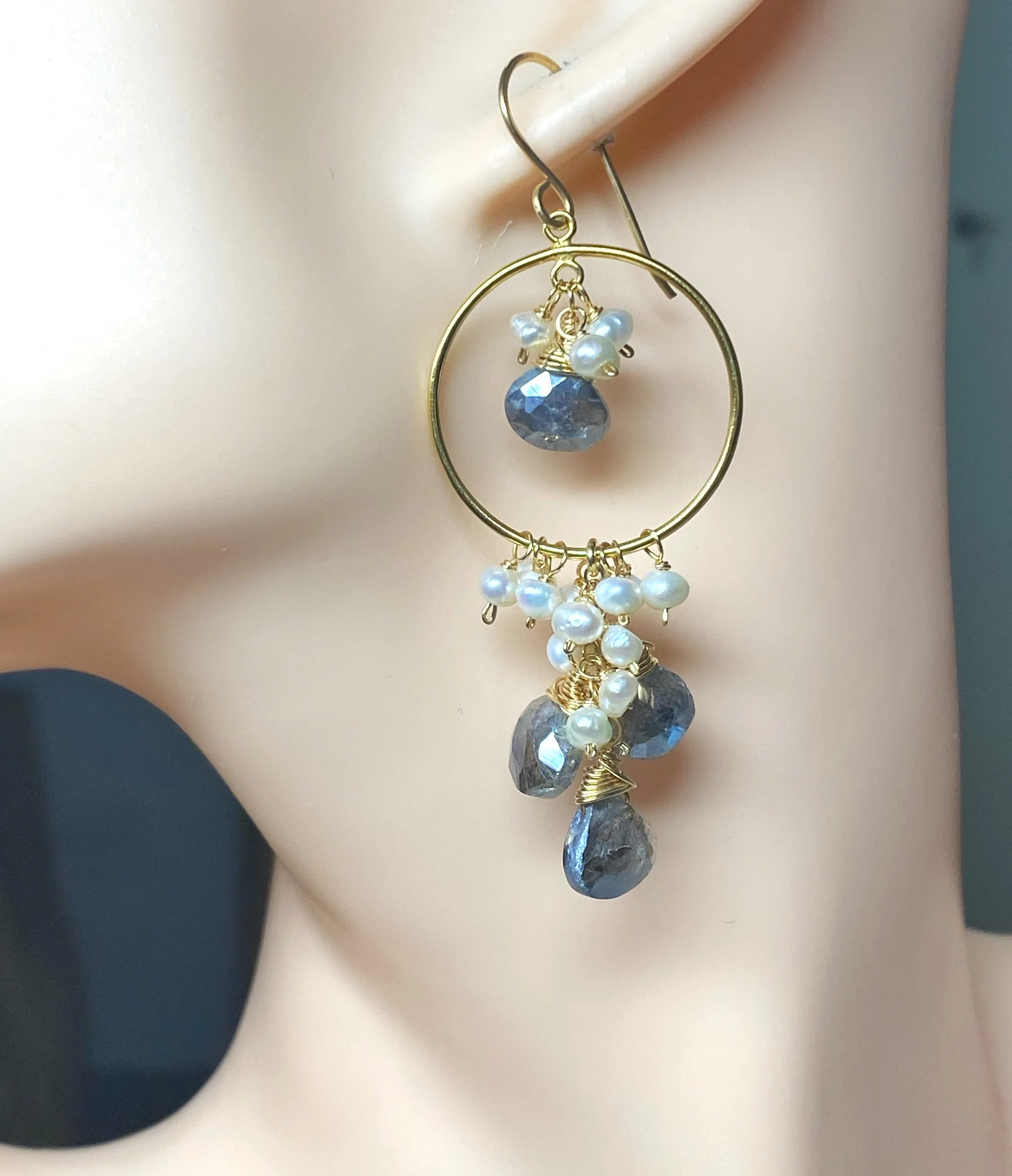 Mystic Grey Labradorite Gold Fill Hoop Earrings Pearl Cluster