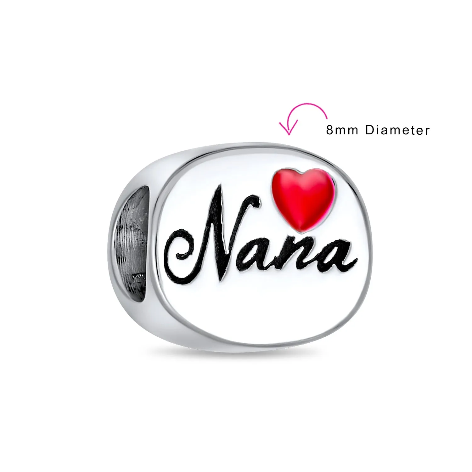 Nana Grandma Red Heart Charm Bead Sterling Silver for European Bracelet