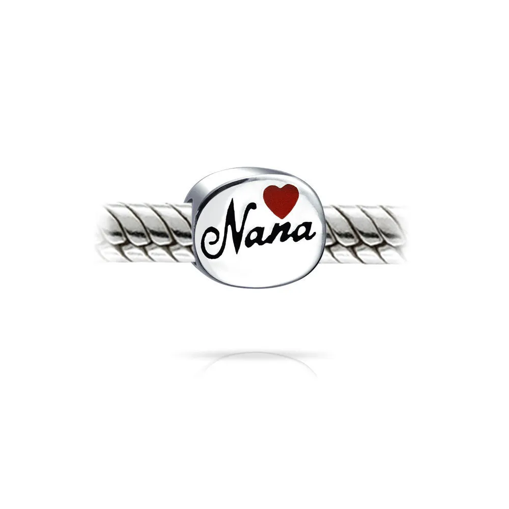 Nana Grandma Red Heart Charm Bead Sterling Silver for European Bracelet