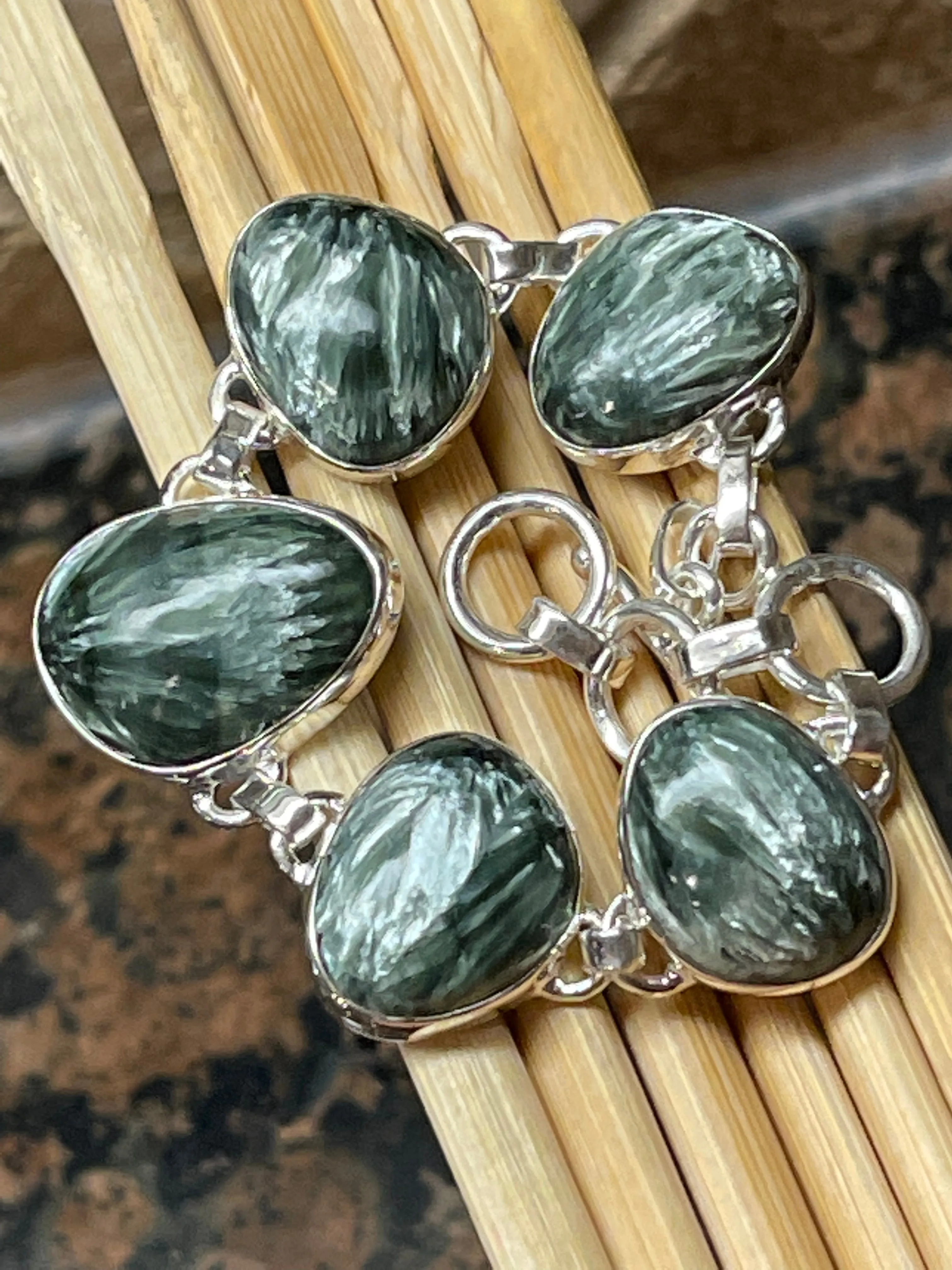 Natural Green Seraphinite 925 Solid Sterling Silver Bracelets 7"