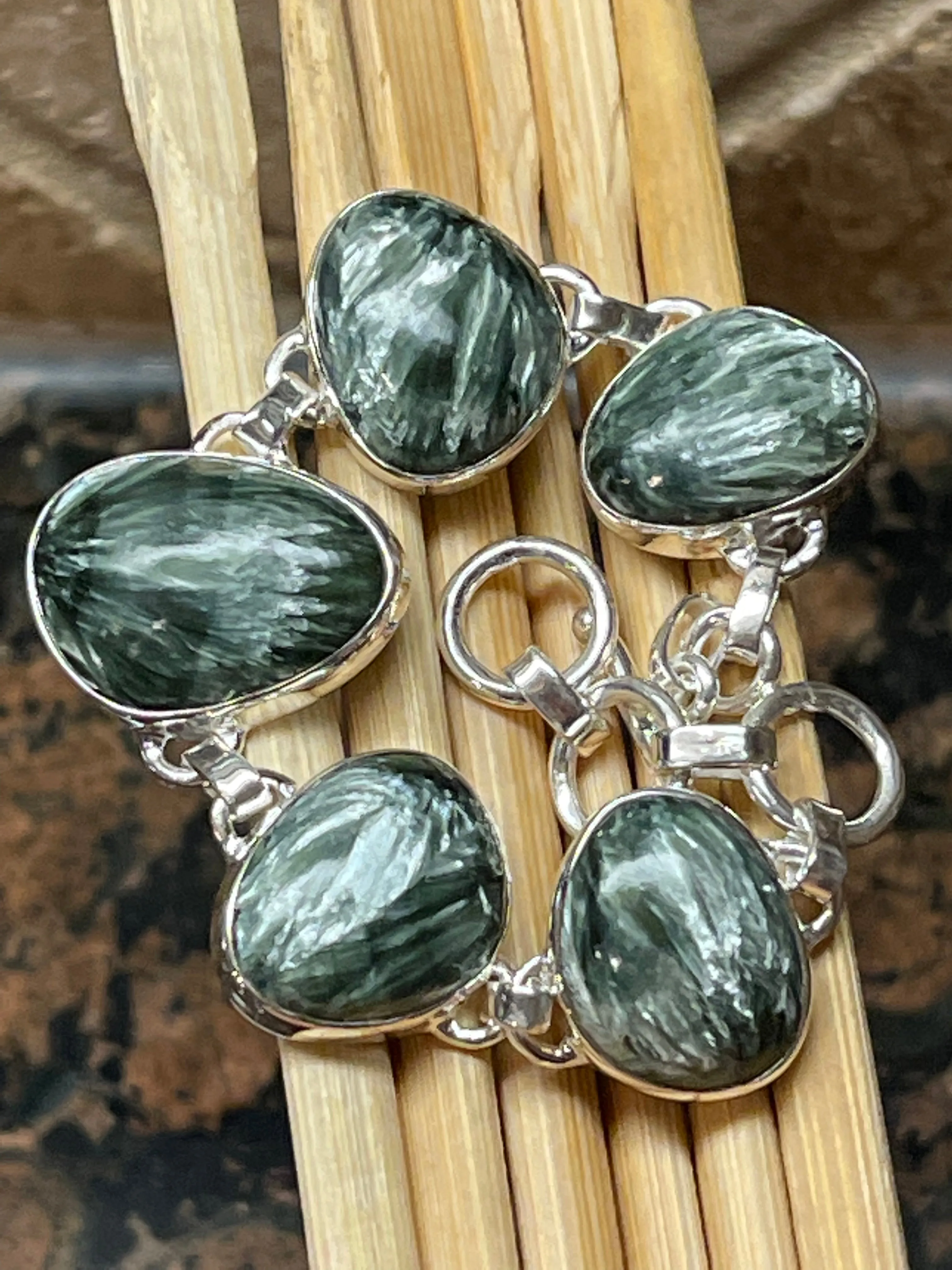 Natural Green Seraphinite 925 Solid Sterling Silver Bracelets 7"