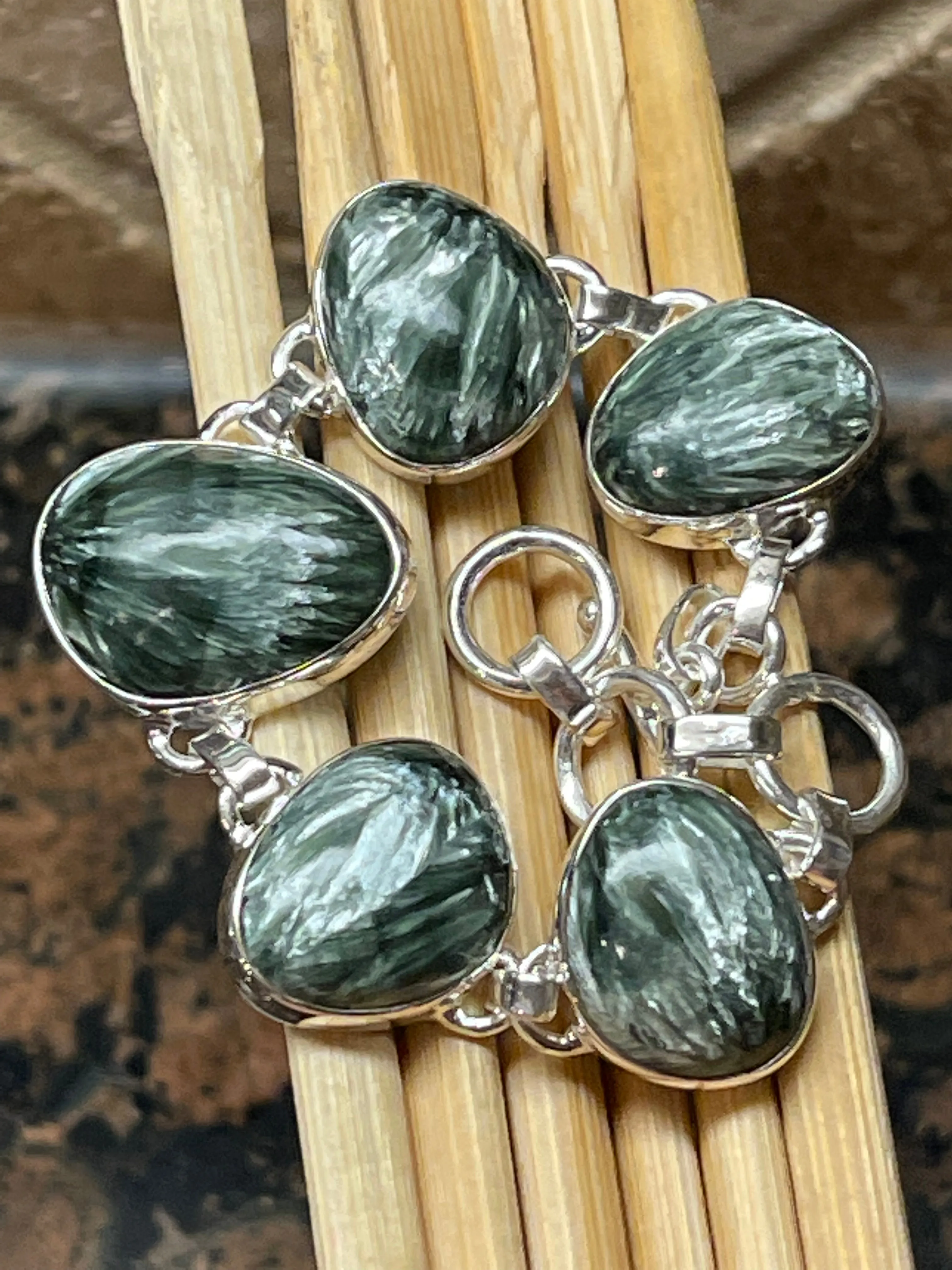 Natural Green Seraphinite 925 Solid Sterling Silver Bracelets 7"