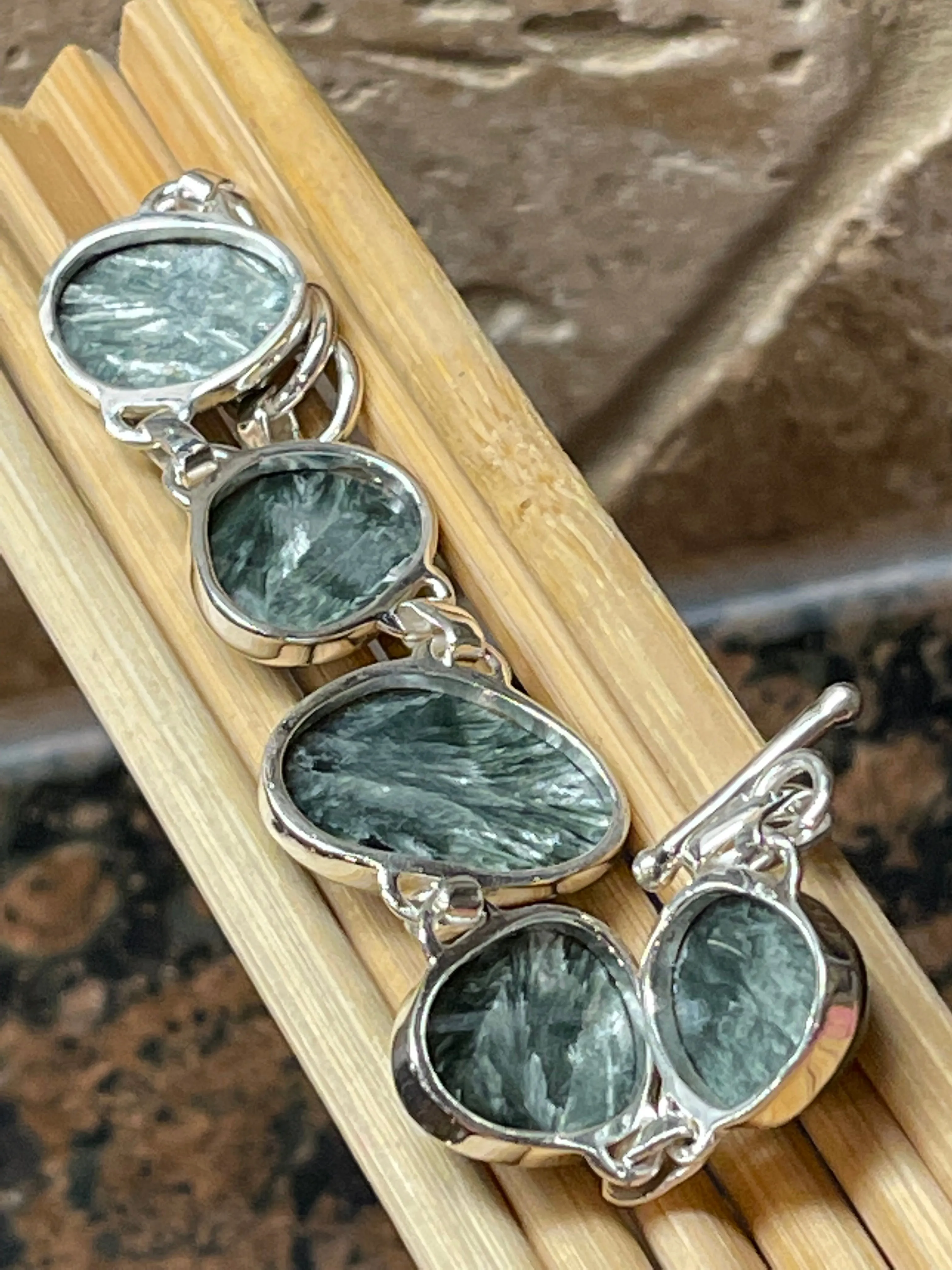 Natural Green Seraphinite 925 Solid Sterling Silver Bracelets 7"