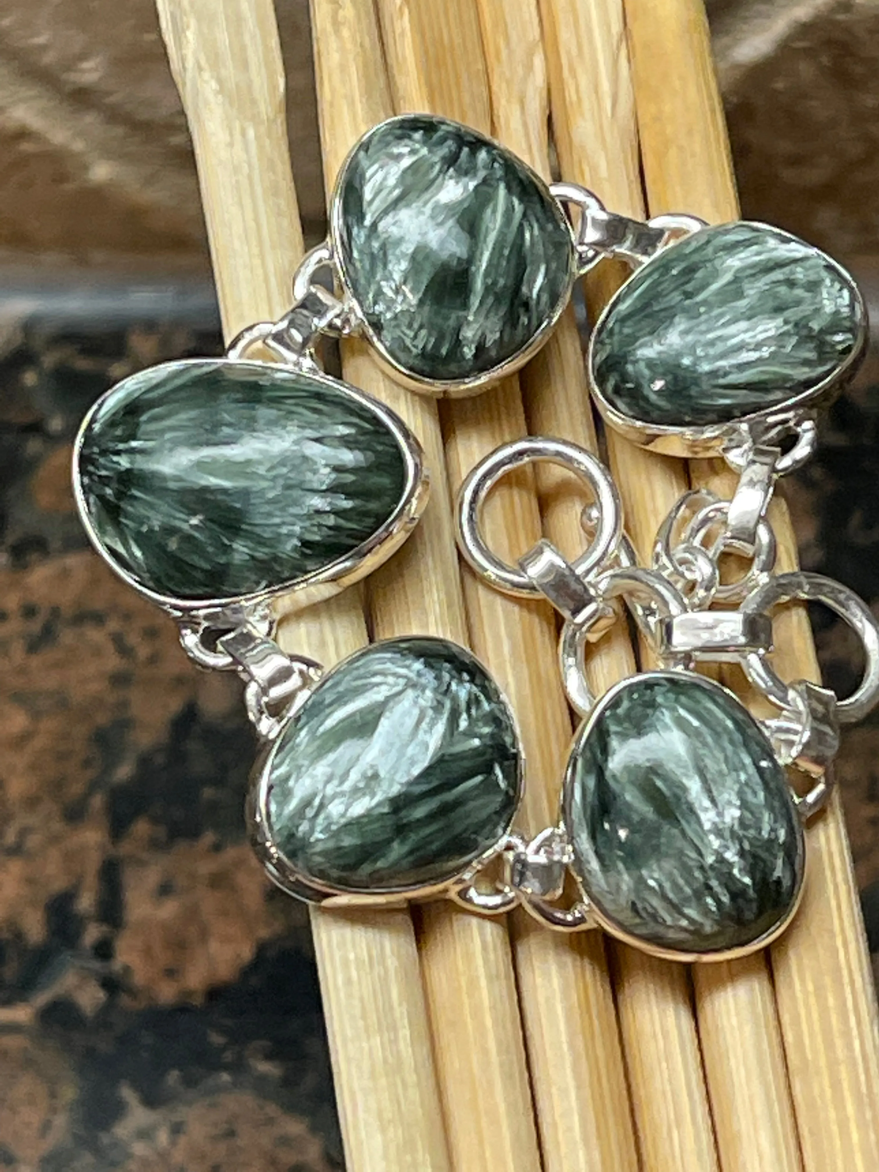 Natural Green Seraphinite 925 Solid Sterling Silver Bracelets 7"