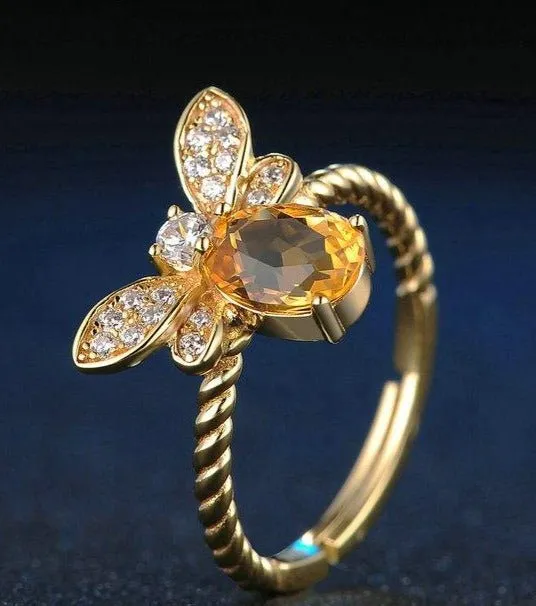 Natural Oval Citrine Bee Wedding Ring Women Jewelry