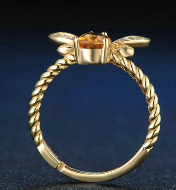 Natural Oval Citrine Bee Wedding Ring Women Jewelry