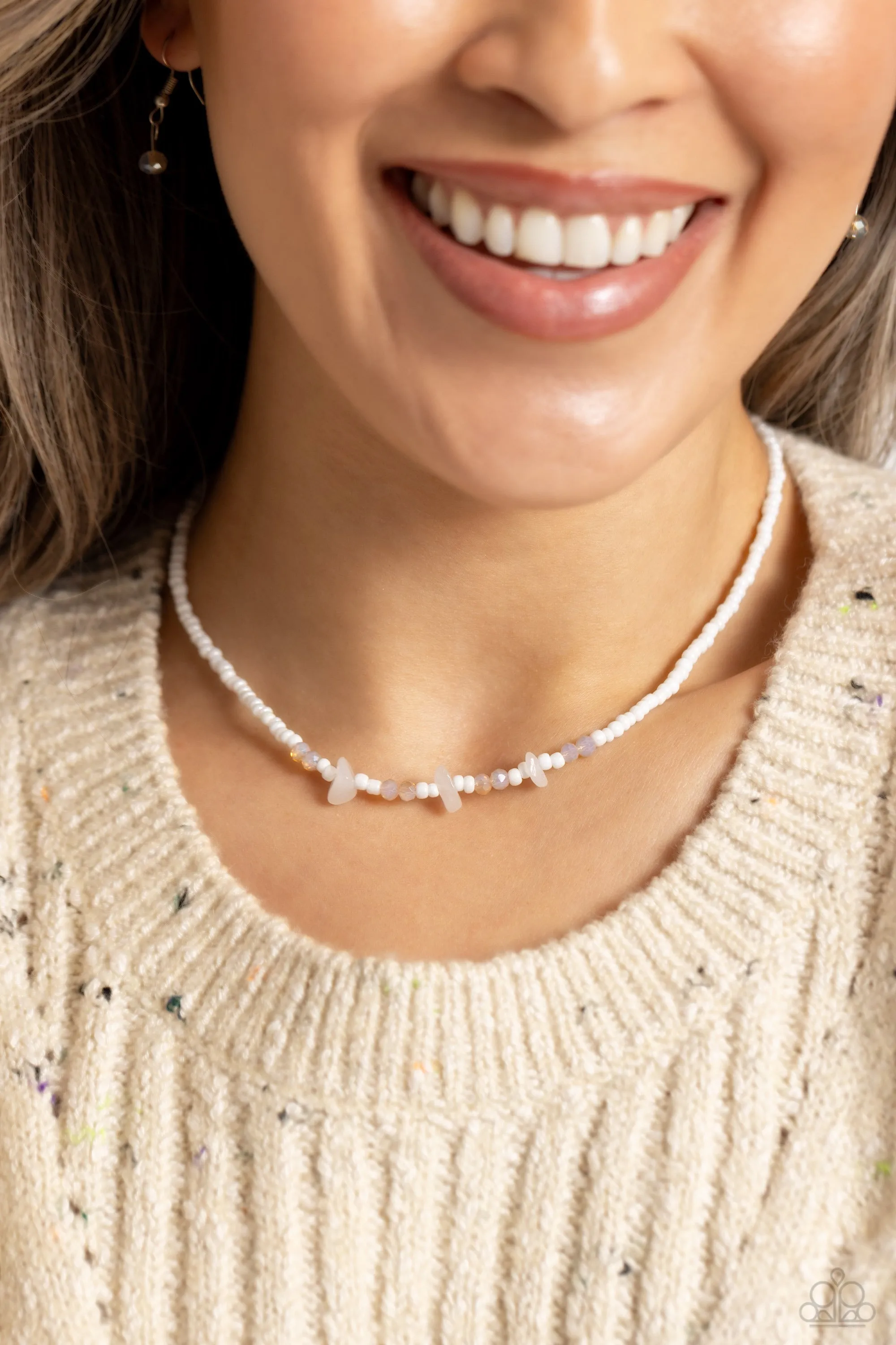 Naturally Notorious - White - Pearly Seed Bead and Natural Stone Paparazzi Short Necklace