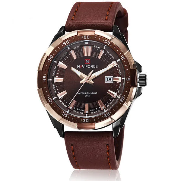 NAVIFORCE Luxury Brand Genuine Leather Strap Analog Date Men's Quartz Watch Casual Watches Men Wristwatch