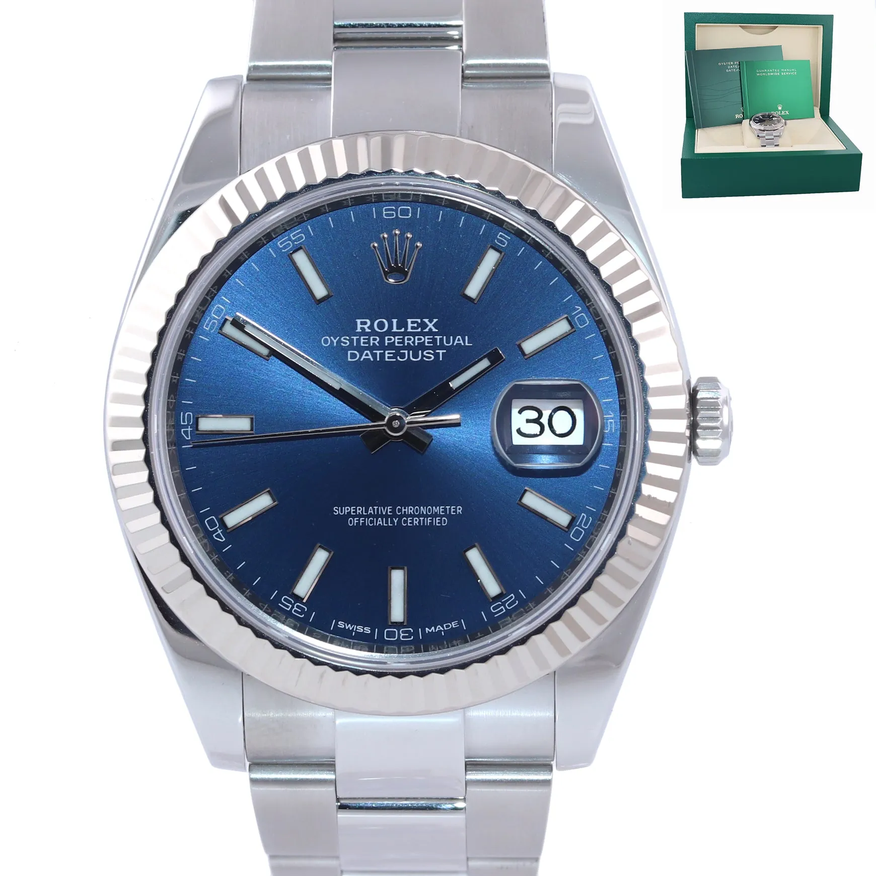 NEW 2020 Rolex DateJust 41 126334 Blue Stick Dial Steel Fluted  Oyster Watch Box