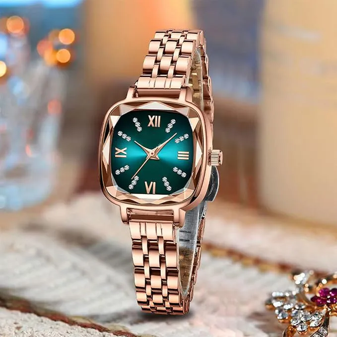 NOBILITY Women Stainless Steel Watches Analog Rose Gold Band and Square Dial Women's Watch for Girls Diamond Studded with Stylish Watches Waterproof