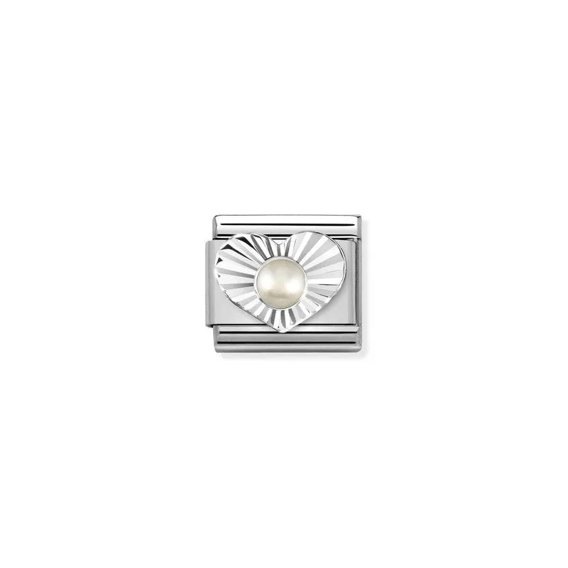 Nomination Composable Link Heart, Etched, White Pearl Stone, Silver
