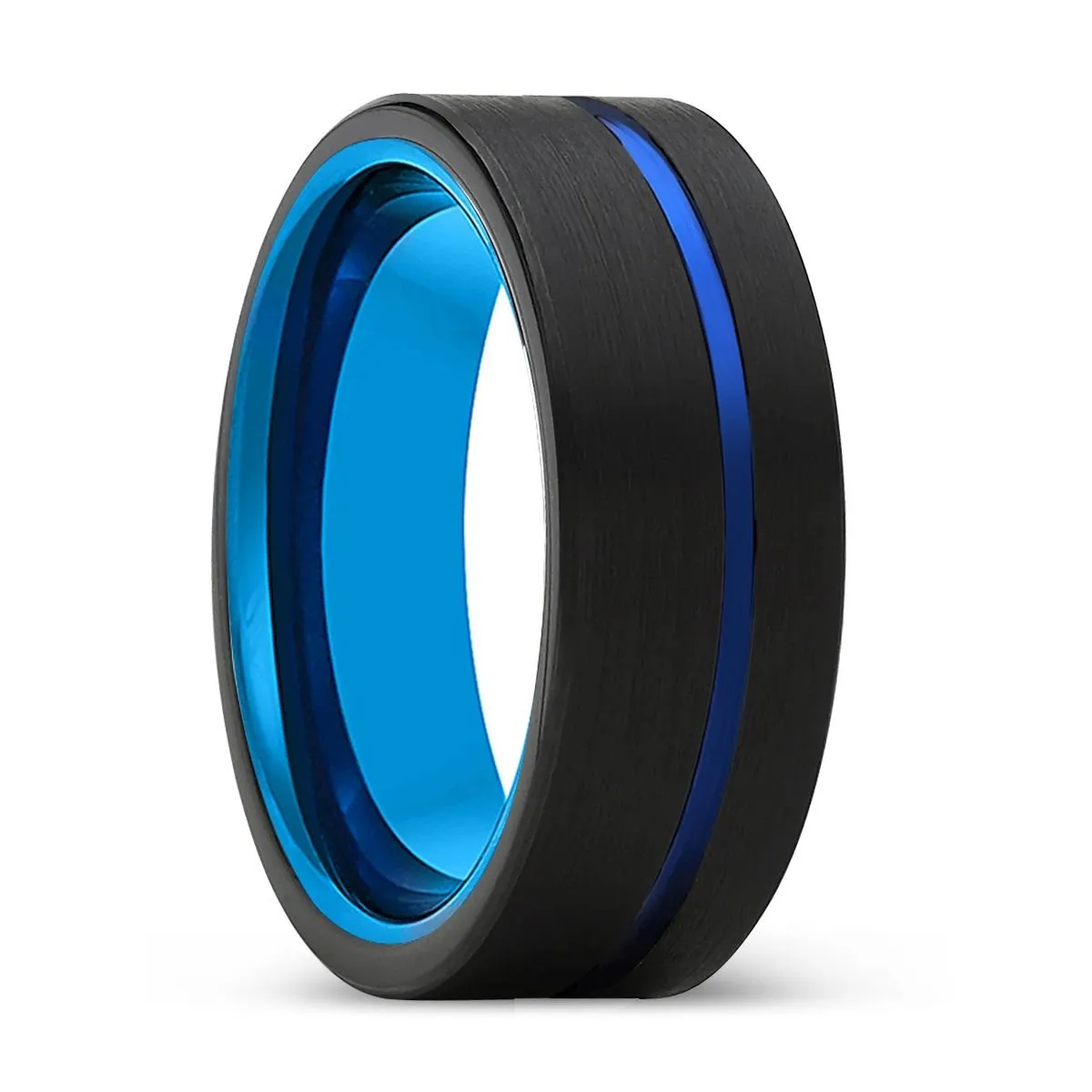 NORTHSTAR | Blue Tungsten Ring, Black Tungsten Ring, Blue Offset Groove, Flat