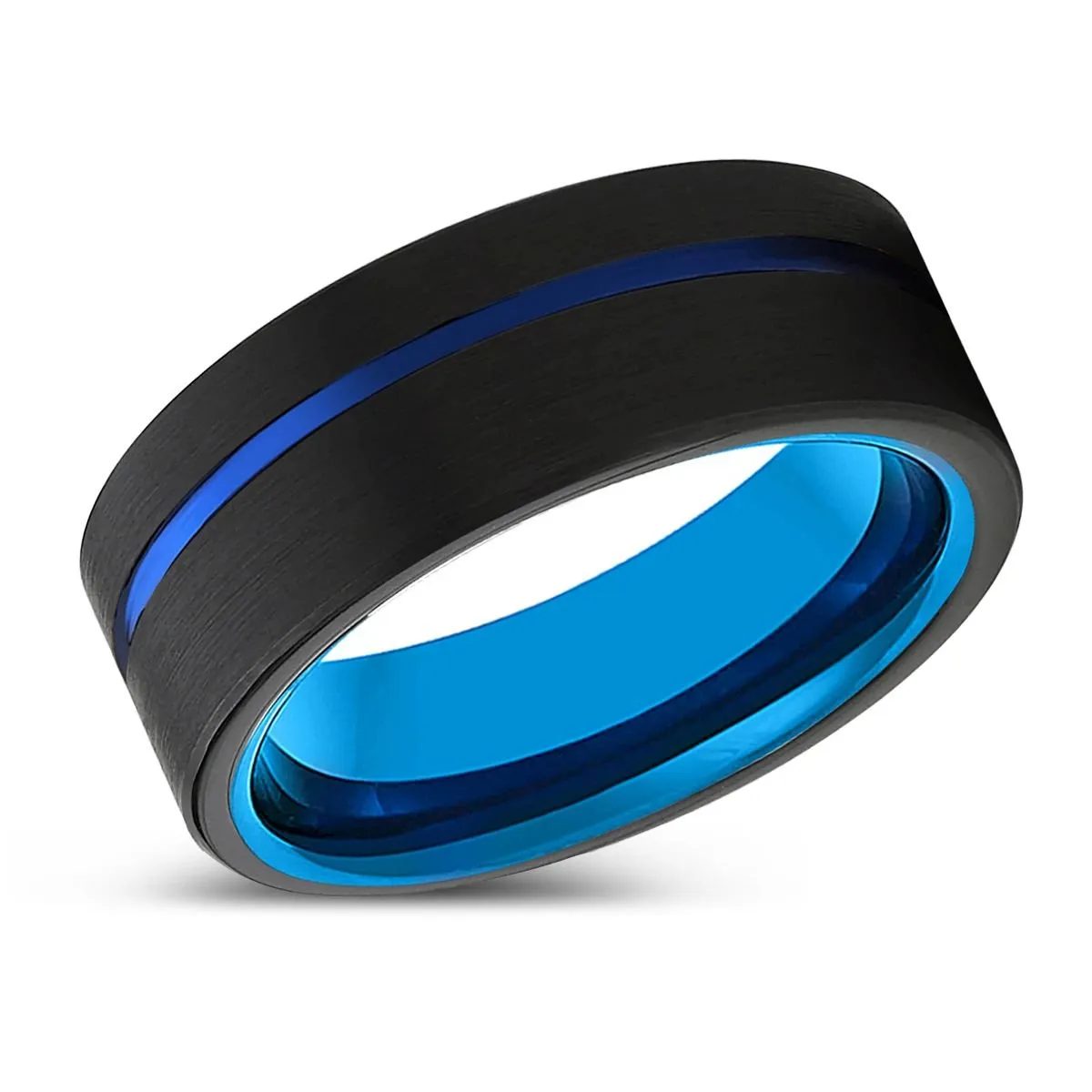 NORTHSTAR | Blue Tungsten Ring, Black Tungsten Ring, Blue Offset Groove, Flat