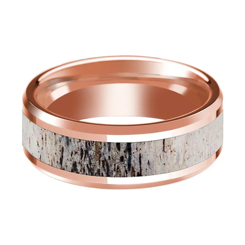Ombre Deer Antler Inlaid 14k Rose Gold Polished Wedding Band for Men with Polished Edges - 8MM